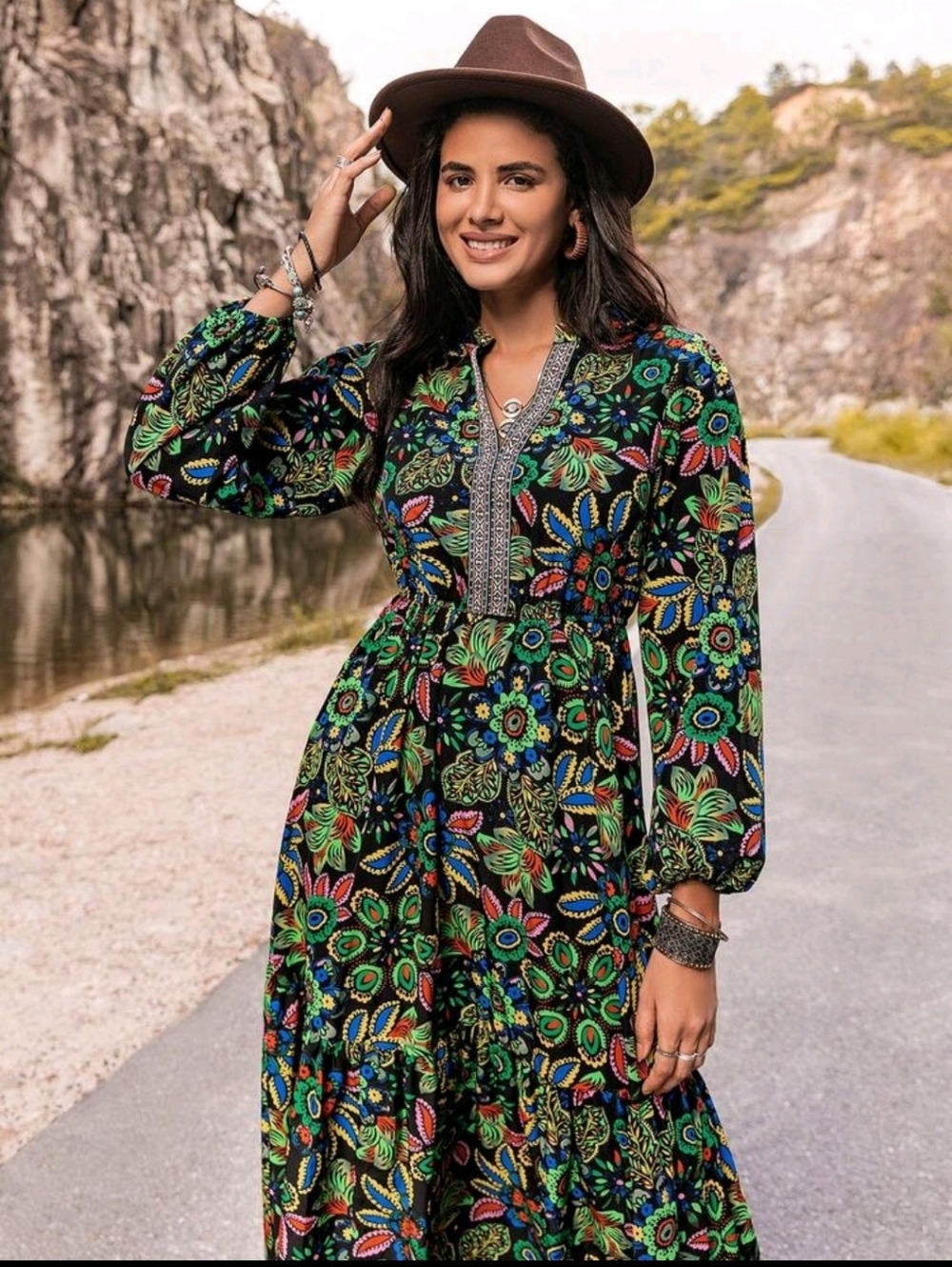 Bohemian Floral Maxi Dress - Black with Multicolor Floral - Picture 10 of 14